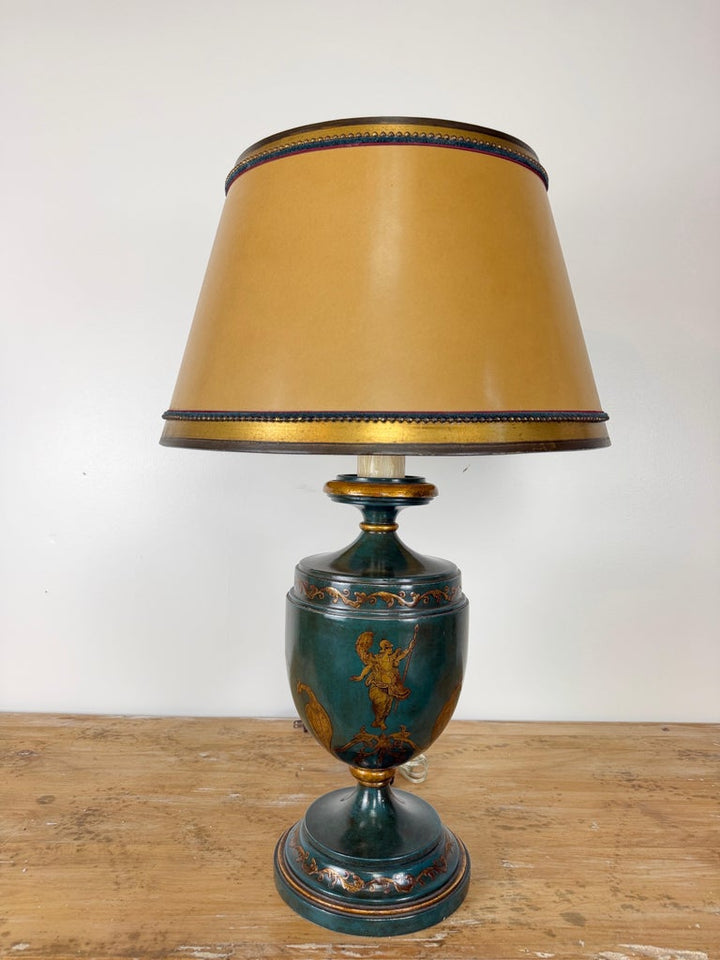 Italian Neoclassical Tole Urn Table Lamp Hand Painted Original Parchment Shade