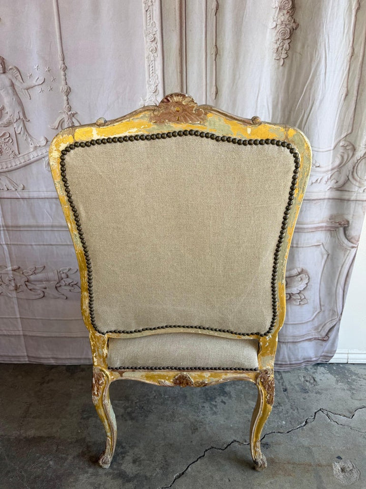 Set of 14 French Louis XV Style Distressed Dining Chairs with Linen Upholstery
