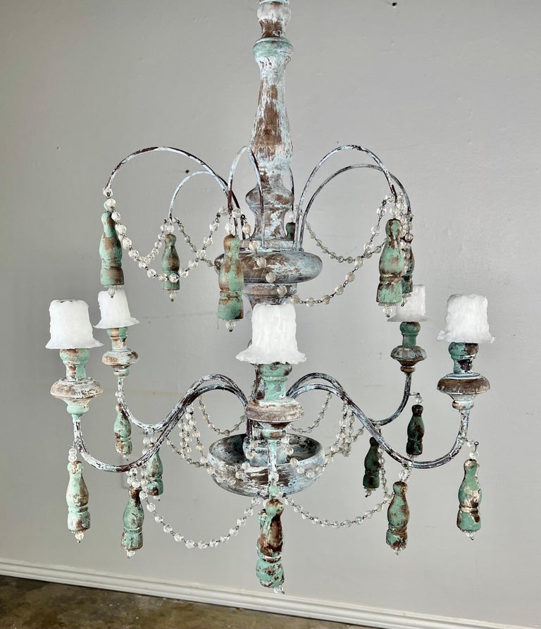 Aqua Painted French Six Light Chandelier by MLA