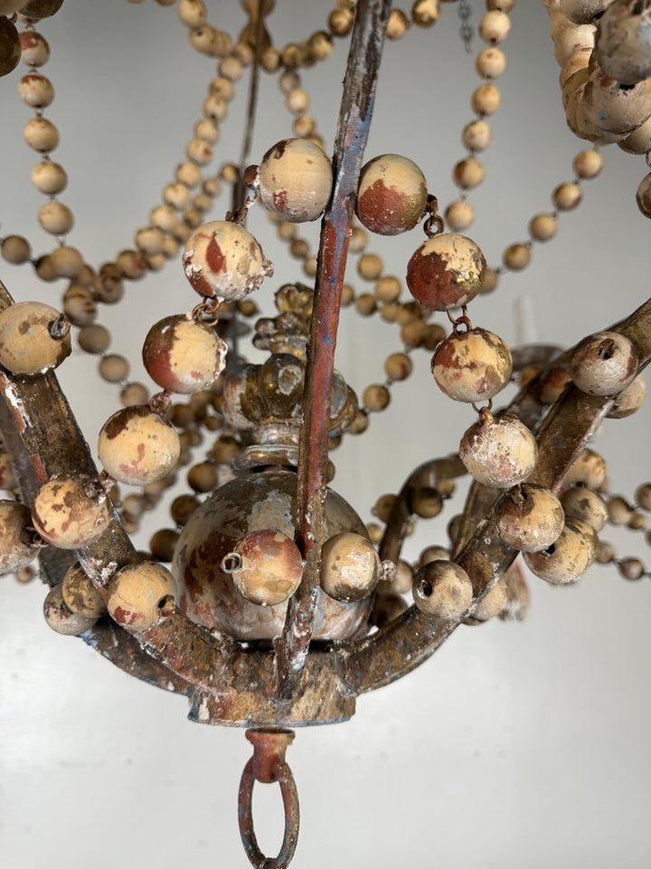Monumental Italian Parcel-Gilt & Painted Wood-Bead Chandelier