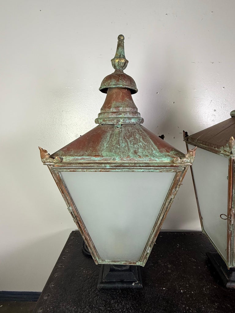 Pair of Monumental Antique Copper Street Lanterns with Verdigris Patina