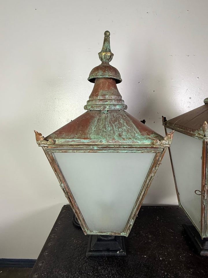 Pair of Monumental Antique Copper Street Lanterns with Verdigris Patina