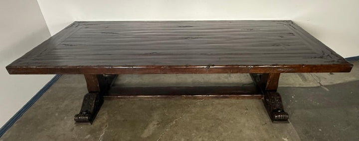 Monumental Spanish Revival Carved Trestle Dining Table, Early 20th Century