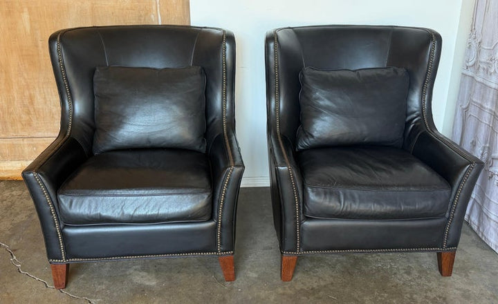Pair of Thomasville Black Leather Wingback Lounge Chairs