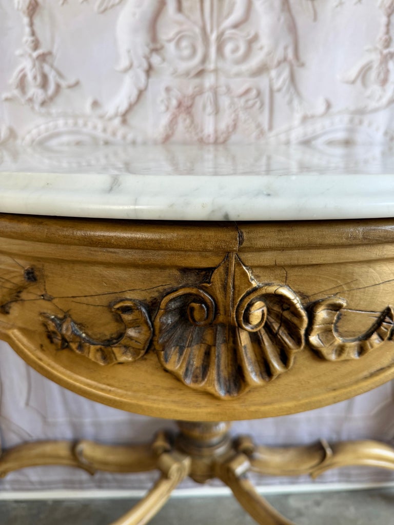 French Louis XV Style Carved Giltwood Console Table with White Marble Top
