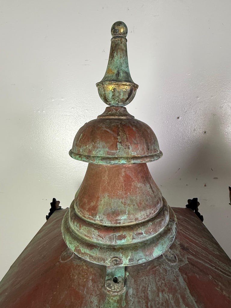 Pair of Monumental Antique Copper Street Lanterns with Verdigris Patina