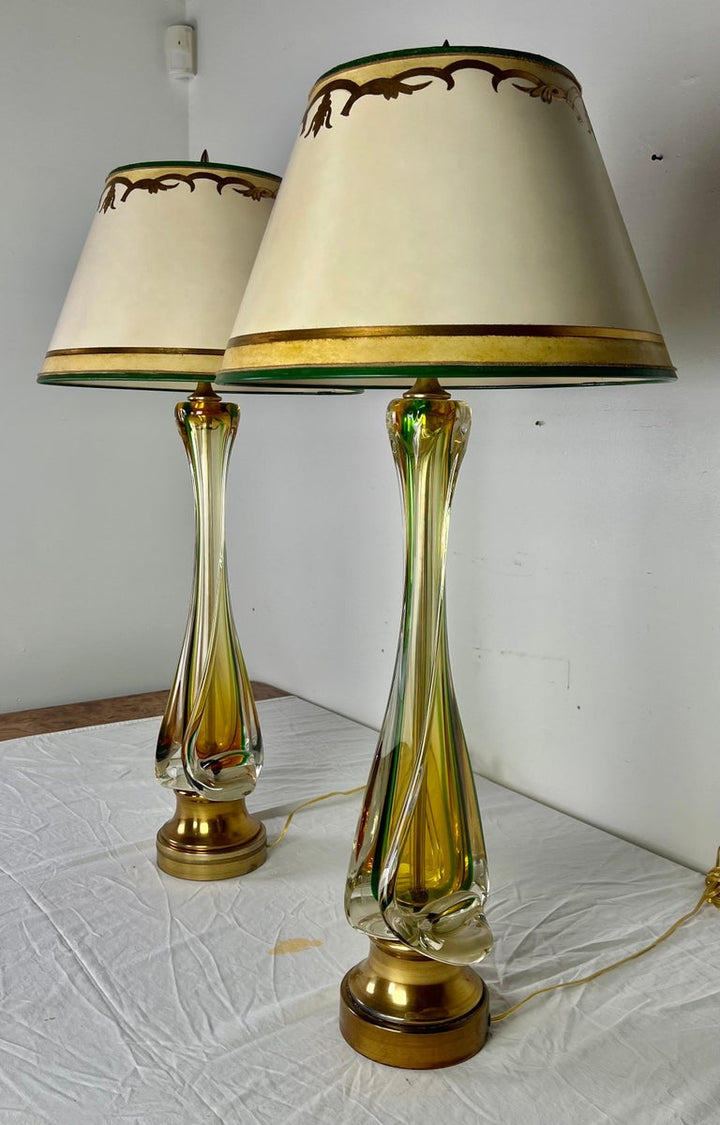 20th Century Italian Art Glass Lamps with Parchment Shades, Pair