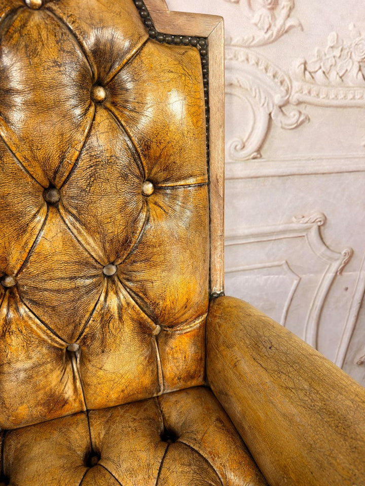 Set of 8 French Louis XV Dining Chairs, Leather Tufted, 1960s