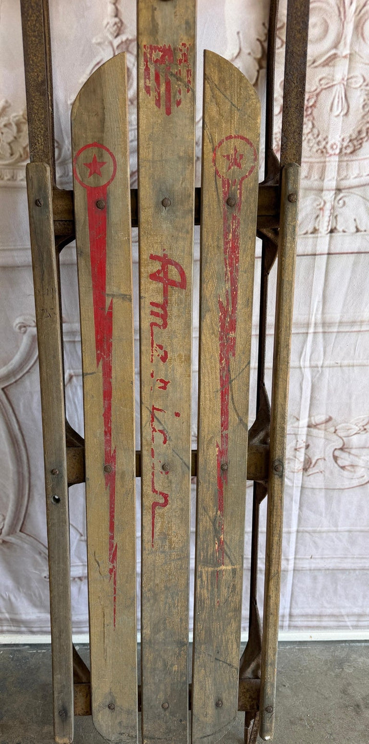Antique American Wooden Sled with Original Red Graphics