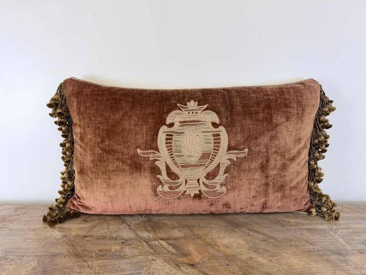 French Neoclassical-Style Embroidered monogram Velvet Lumbar Pillow
