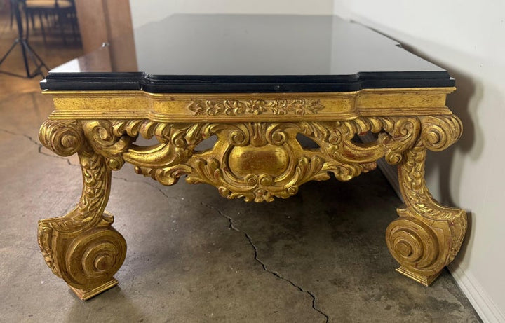 Baroque-Style 22K Gold Leaf Carved Coffee Table with Black Stone Top
