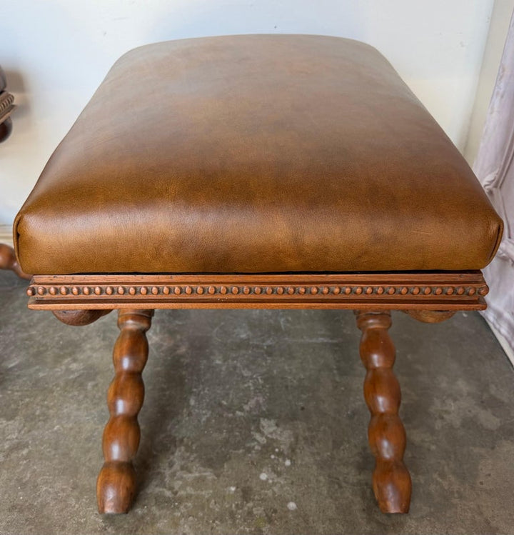 Pair of Spanish Colonial Baroque Bobbin - X-Base Stools with Distressed Leather