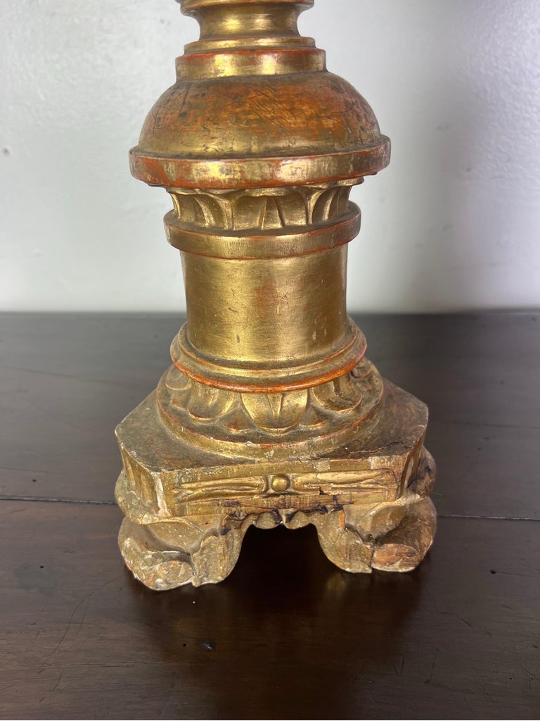 Pair of 19th-Century Italian Gilt Wood Candlesticks w/ Prickets