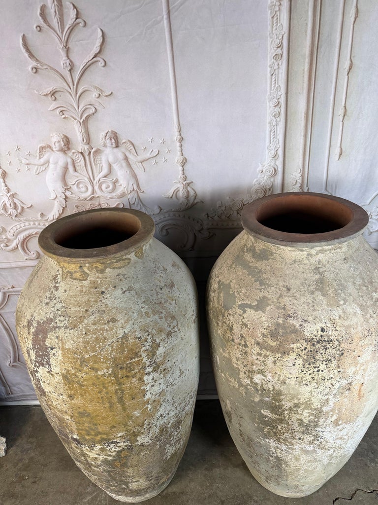 Pair of Monumental Terracotta Olive Jars with Weathered Patina