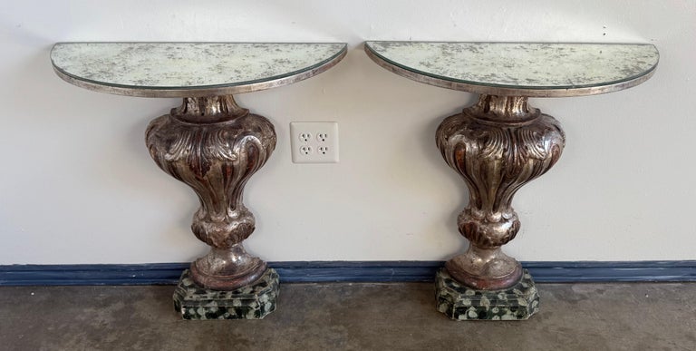 Pair of Italian Baroque Style Silver-Gilt Console Tables with Mirrored Tops
