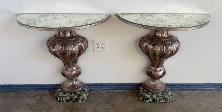 Pair of Italian Baroque Style Silver-Gilt Console Tables with Mirrored Tops