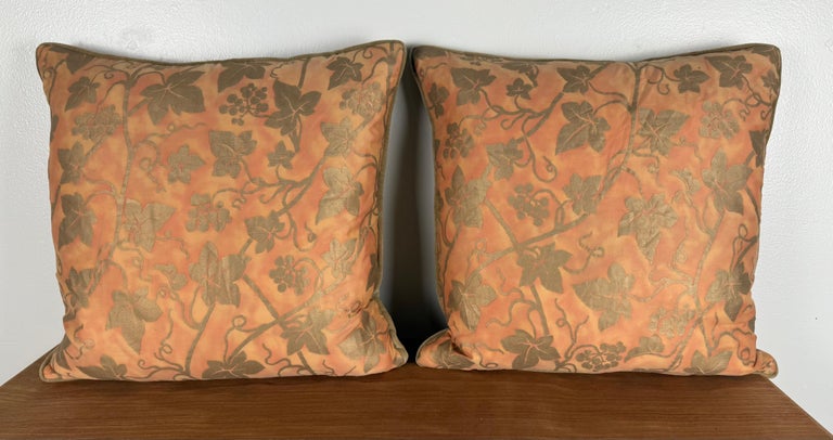 Pair of Authentic Fortuny “Vine & Grapes” Pattern Pillows in Coral and Gold