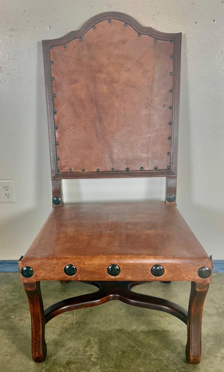 Set of Eight Spanish Walnut & Leather Dining Chairs
