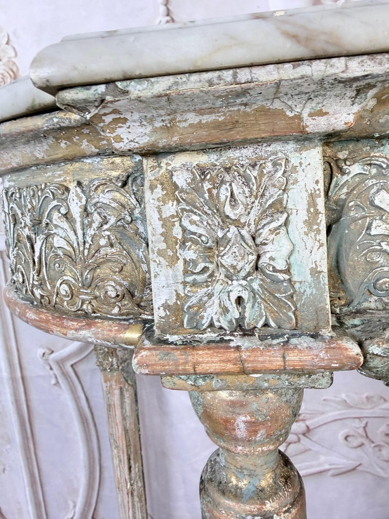 French Louis XVI Painted Gesso & Giltwood Console Table with Shaped Marble Top