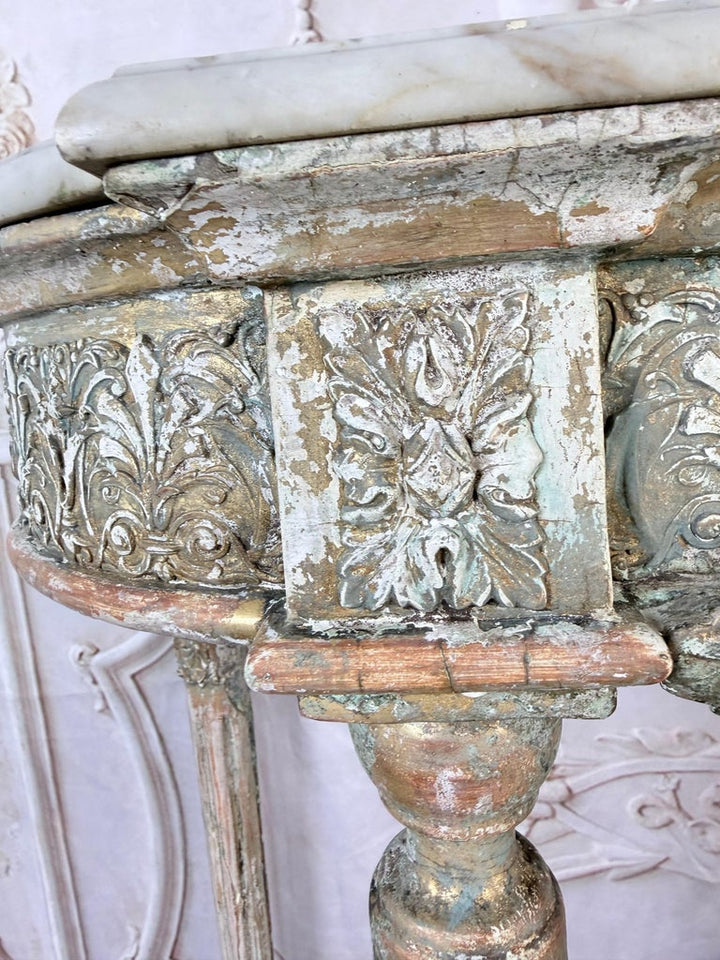 French Louis XVI Painted Gesso & Giltwood Console Table with Shaped Marble Top