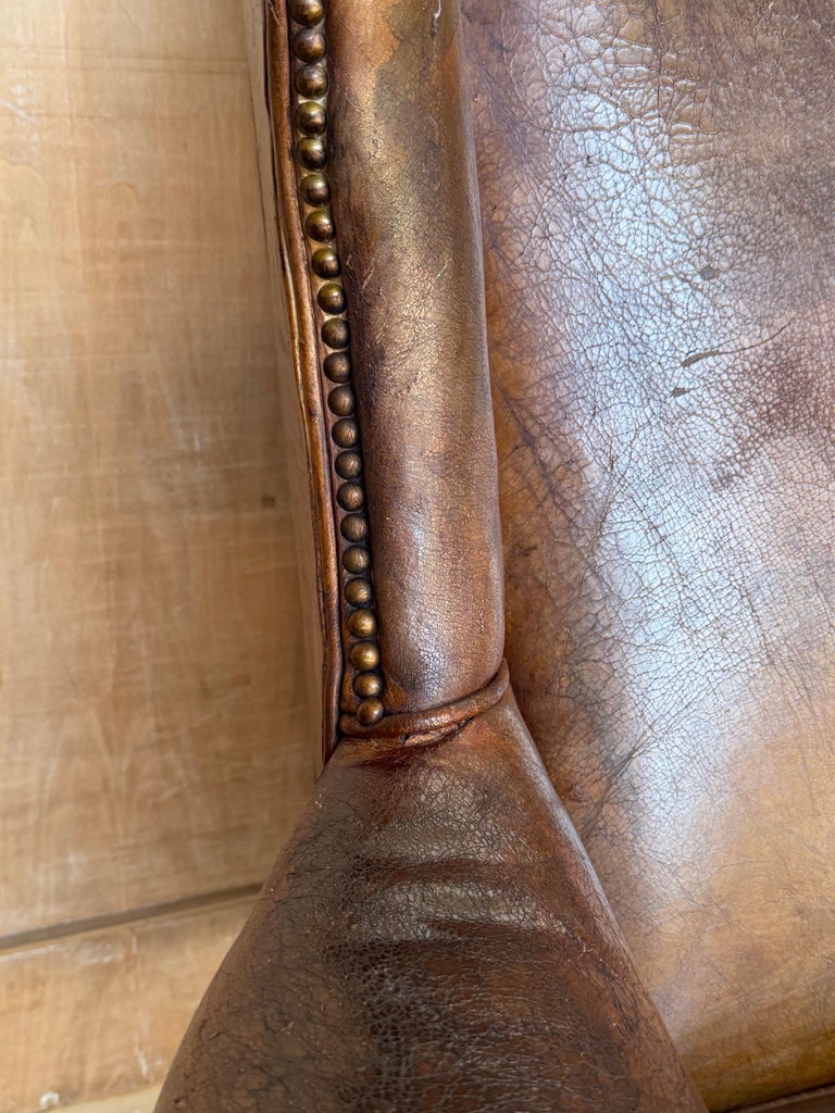 Pair of English Georgian Style Wingback Armchairs - Distressed Brown leather