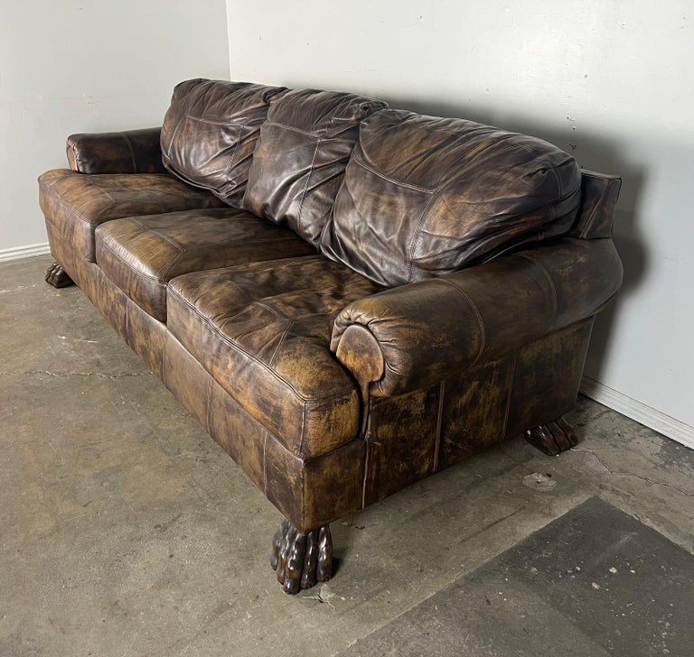 Mid-20th C. Leather Upholstered Sofa w/ Lion Paw Feet