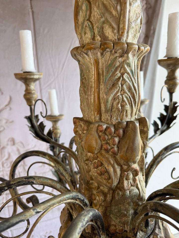 Monumental Italian Rococo Painted Wood & Wrought Iron 12-Light Chandelier