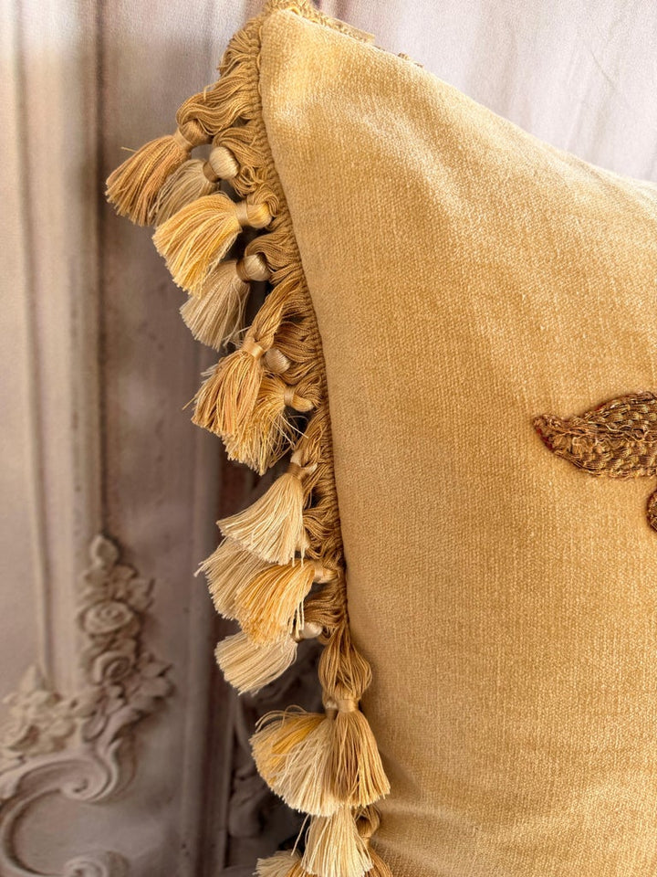 Pair of Golden Chenille Pillows w/ 19th Century Metallic Embroidered Appliqués