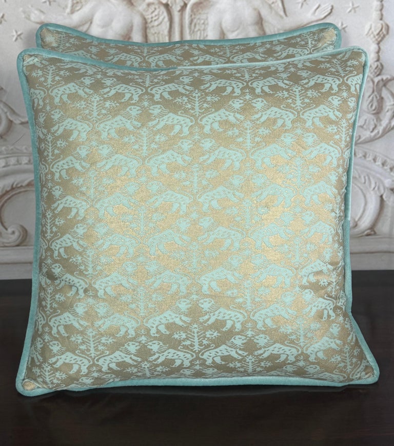 Custom Fortuny Decorative Pillows in Gilt Gold &amp; Aquamarine, Italy