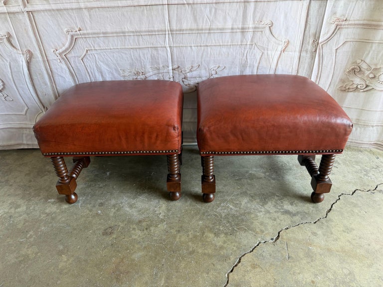 Spanish Colonial Revival Leather Benches with Antique Brass Trim, 1960