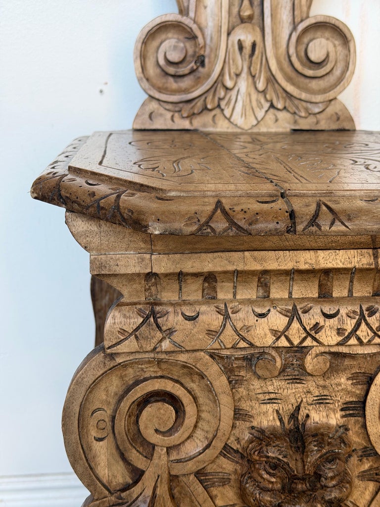 Pair of 19th C. Italian Renaissance Sgabello Hall Chairs - Heavily Carved Walnut
