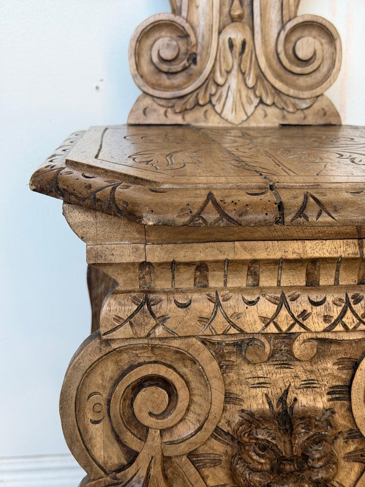Pair of 19th C. Italian Renaissance Sgabello Hall Chairs - Heavily Carved Walnut