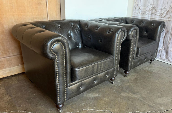 Pair of English CHesterfield Club Chairs- Tufted Armchairs