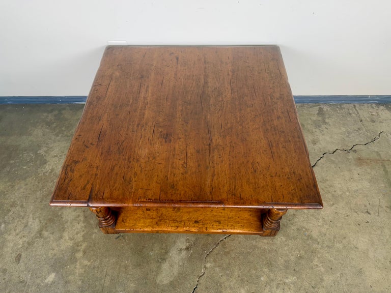 French Country Walnut Coffee Table with Turned Legs and Lower Shelf