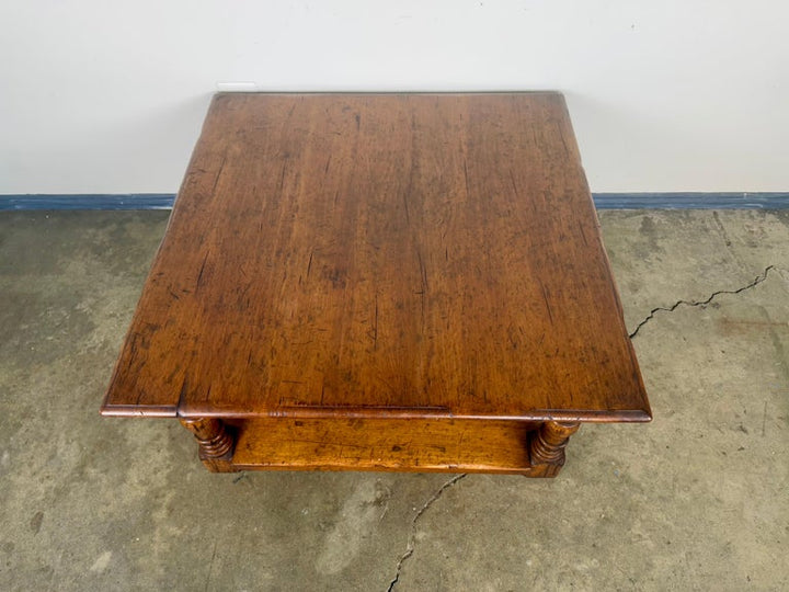 French Country Walnut Coffee Table with Turned Legs and Lower Shelf