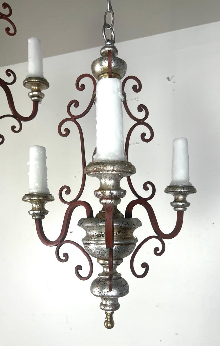 Pair of Italian Silvered Wood & Iron Chandeliers