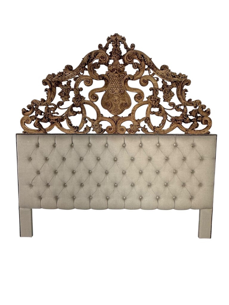 Ornate Carved Wood and Upholstered Headboard
