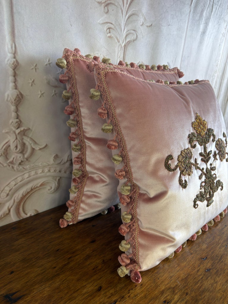 Pair of French Couture Blush Silk Velvet Pillows with 19th Century Appliques&