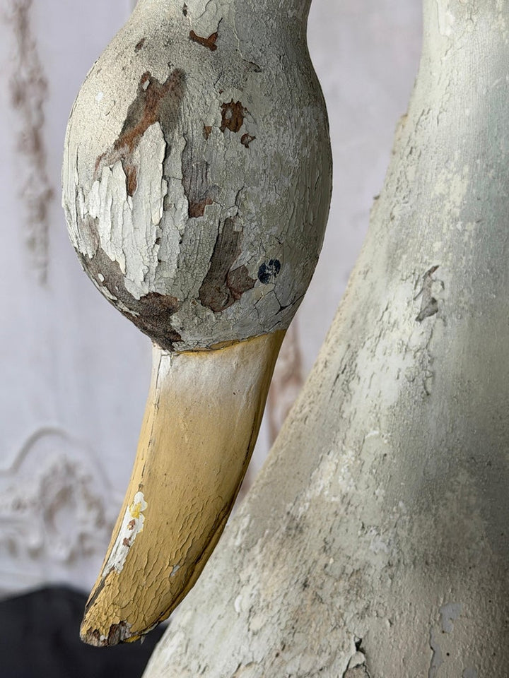 Large Antique Folk Art Carved Wood Swan - Original White Patina