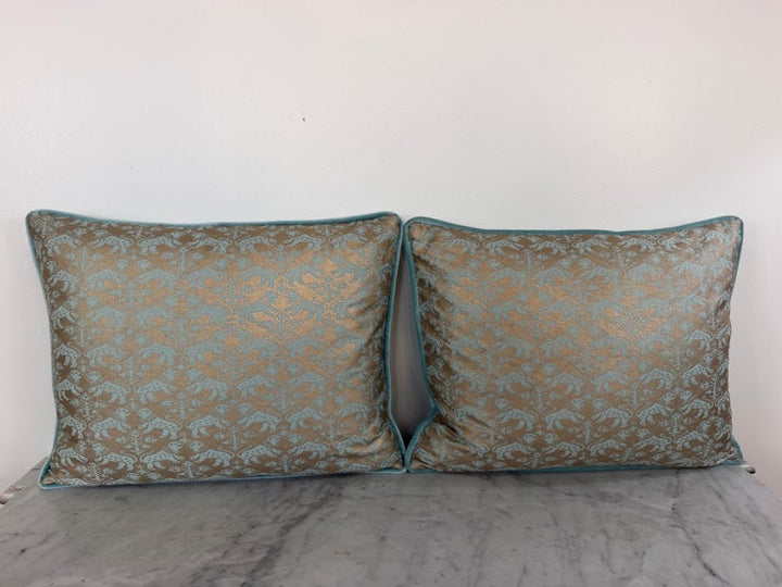 Pair of Richelieu Lions in Aquamarine and Gold Velvet Fortuny Pillows