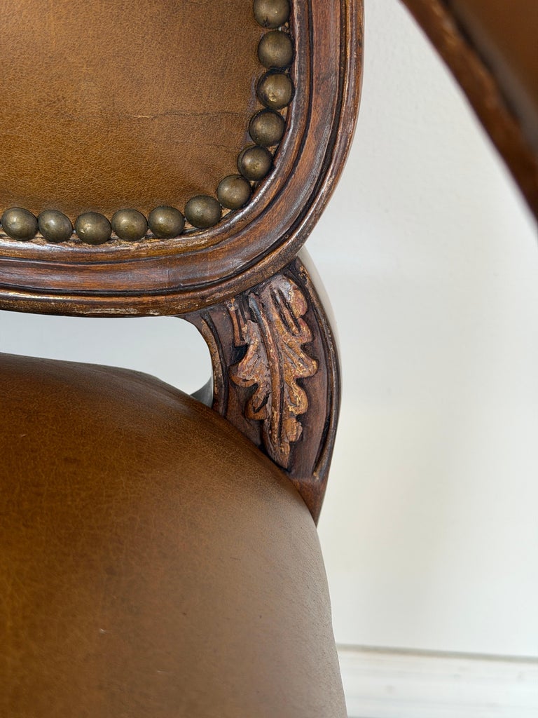 Pair of VIntage French Louis XV Cognac Leather Fauteuils