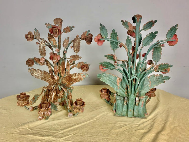 Pair of Spanish Painted Wrought Iron Candleholders, circa 1920s