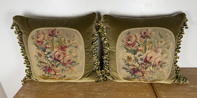 Pair of Custom Aubusson Tapestry and Velvet Pillows by Melissa Levinson