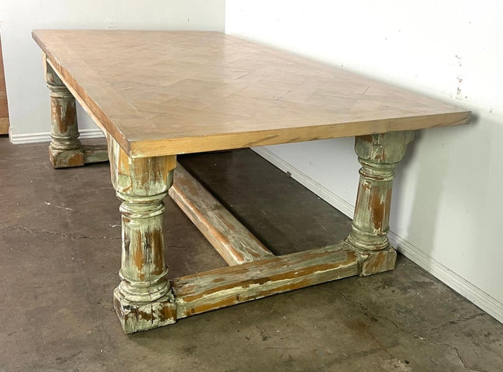 Rustic Painted Dining Table w/ Herringbone Pattern Top