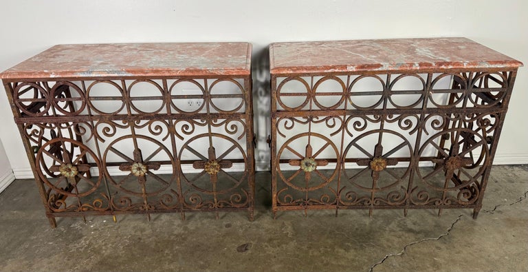 Pair of Italian Wrought Iron Consoles with Rosso Verona Marble Tops