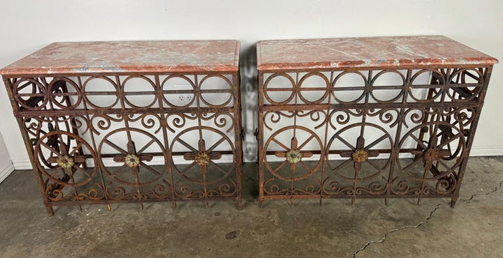 Pair of Italian Wrought Iron Consoles with Rosso Verona Marble Tops