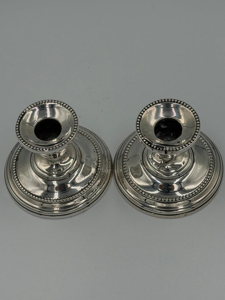 Pair of Antique Sterling Silver Candlesticks with Beaded Rim Detail