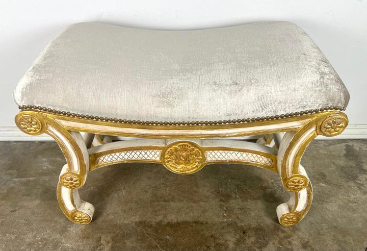 Italian Style Painted & Parcel Gilt Bench w/ Velvet