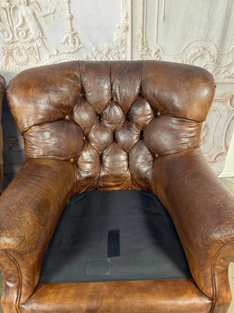Pair of English Library Club Chairs in Hand-Finished Cognac Leather