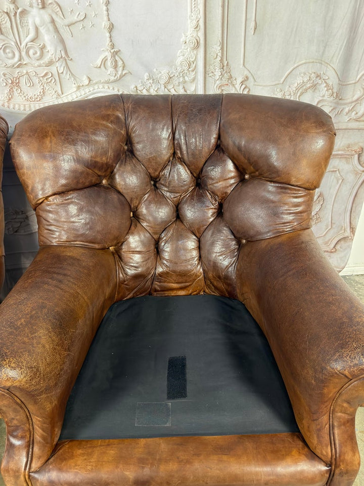 Pair of English Library Club Chairs in Hand-Finished Cognac Leather